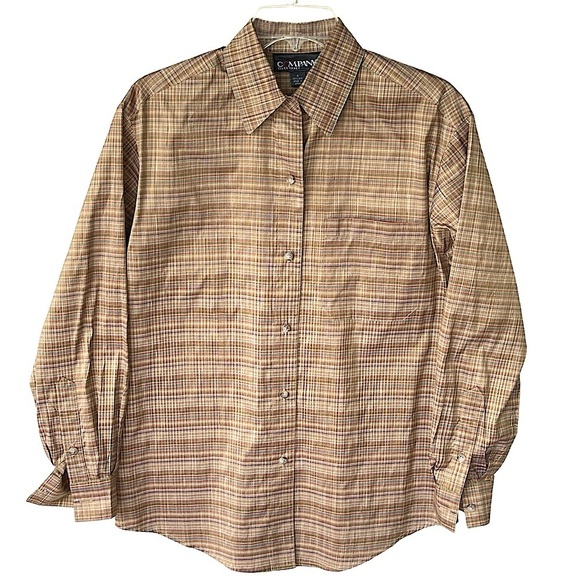 Ellen Tracy Vintage Bronze Checked Silk Taffeta Button Down Shirt Blouse Sz 4 - Picture 1 of 11